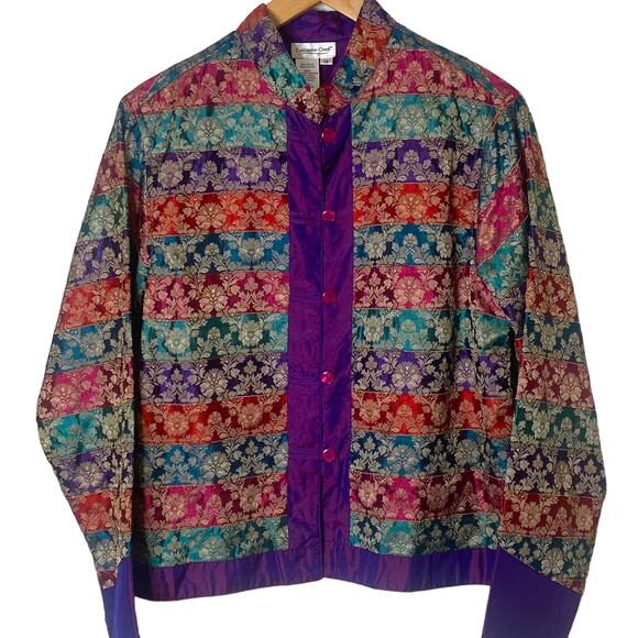 Coldwater Creek Size M Purple Silk Lined Patchwork Jacket with Mandarin Collar - Picture 1 of 9